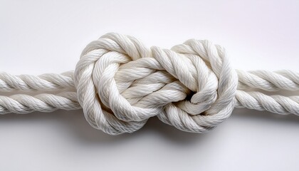 close up of frayed white rope tied in a knot lying on a white background