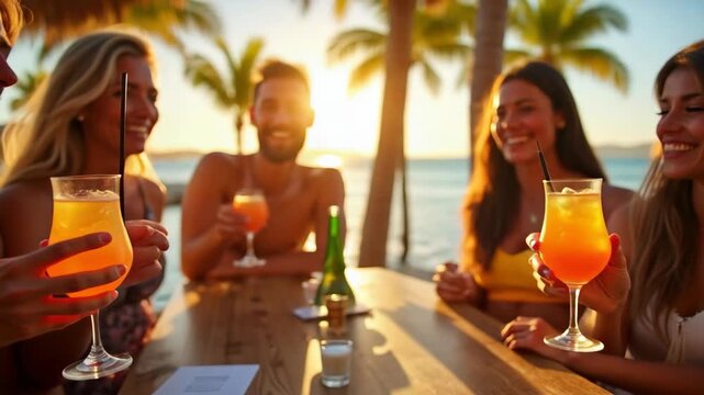 Diverse group of friends raising their Mai Tai cocktails for a toast at a tropical beachside bar. The drinks glisten under warm golden light, while laughter and joy are evident on their faces. 
