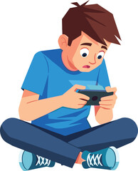 Cartoon young person sitting cross legged playing handheld video game console, focused gamer character illustration, modern digital entertainment lifestyle concept