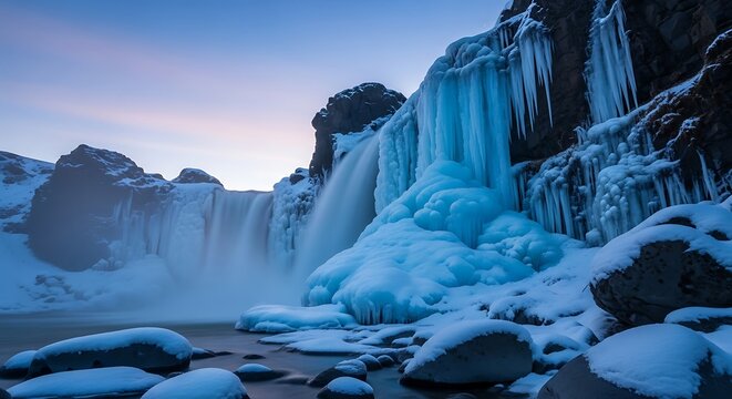 Frozen waterfall with icicles and snow-covered rocks in a winter landscape image photo - Powered by Adobe