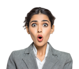 Surprised businesswoman in professional attire portrait isolated on transparent background