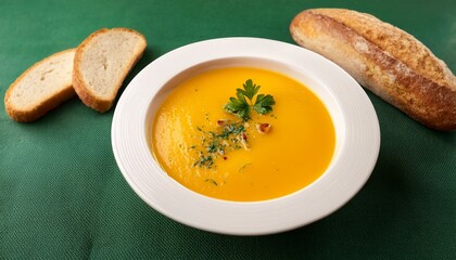 creamy orange soup garnished with fresh herbs served in a white bowl on a green tablecloth accompanied by slices of crusty bread creating a warm and inviting dining experience