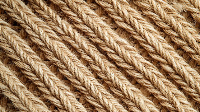 A close-up shot reveals the intricate texture of diagonally oriented, thick, woven ropes in varying shades of light brown, creating a natural, rustic pattern. Warm, textured.