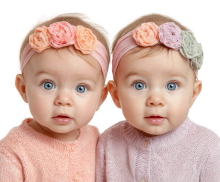 Twin baby girls in adorable headbands portrait cute isolated on transparent background