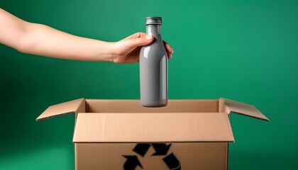 hand holding a gray bottle above a cardboard box demonstrating the action of recycling with a soft green background enhancing the eco friendly theme of sustainability