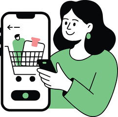 Woman using smartphone for online shopping with cart visible on the mobile screen interface app