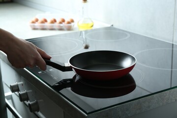 Woman with frying pan in kitchen, closeup