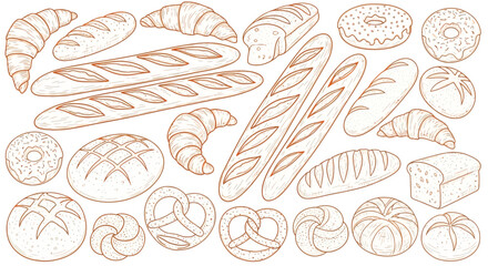 Various baked goods isolated on white background in a sketch style drawing