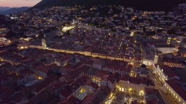 Aerial View of Dubrovnik Main Street Stradun at Night Croatia