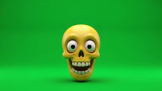 Animated Yellow Skull with Big Eyes and an Exaggerated Smile on a Green Background
