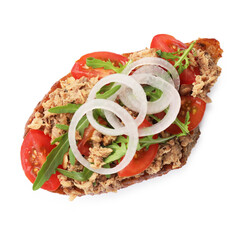 Delicious bruschetta with tuna, tomato, onion and arugula isolated on white, top view