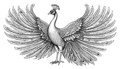 Detailed grayscale drawing of a peacock with its elaborate tail feathers spread wide, showcasing intricate details