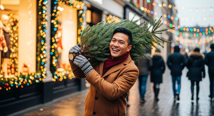 Father carrying Christmas tree on shoulder in festive urban street with lights, joyful holiday shopping preparation