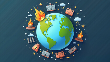 Naklejka premium Illustration of Earth surrounded by disasters and emergencies 