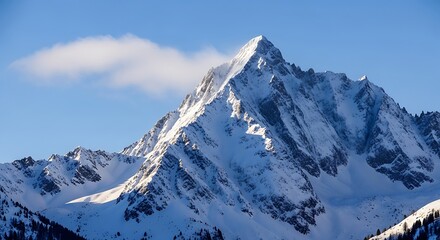 Fototapeta premium Majestic Snow Covered Mountain Peak Under A Clear Blue Sky With A Wispy Cloud Keywords: mountain, snow, peak, winter, landscape, nature, sky, blue