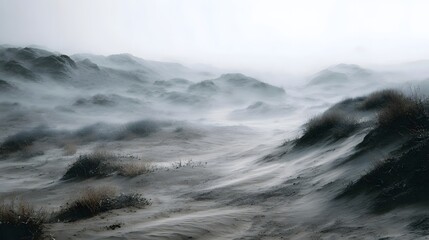Obraz premium A desolate and atmospheric landscape of rolling sand dunes partially obscured by thick fog and sparse vegetation creating a moody natural scene