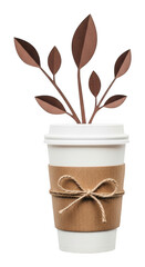 White Coffee Cup with Brown Sleeve and Plant Leaves