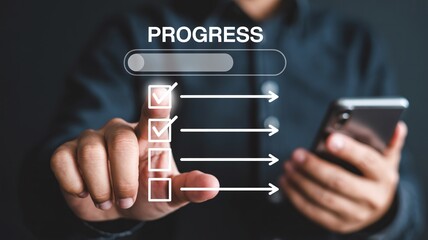 Progress bar and checklist with checked boxes displayed on a digital interface, symbolizing task completion, business achievement, project management, and efficiency tracking