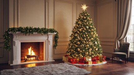 Luxury Living Room Interior with Classic Fireplace, Glowing Fire, Garland, and a Decorated Christmas Tree with Gold Ornaments