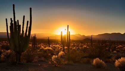 Desert Landscapes Bathed In Late Afternoon Golden Light With Silhouetted Cacti