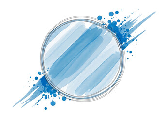 Blue watercolor circle with paint splatters and streaks isolated on transparent background