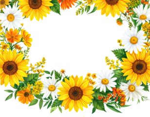 Floral oval frame with sunflowers, daisies, and other yellow and orange flowers, black center