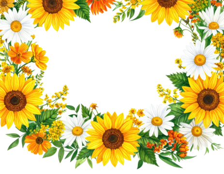Floral oval frame with sunflowers, daisies, and other yellow and orange flowers, black center