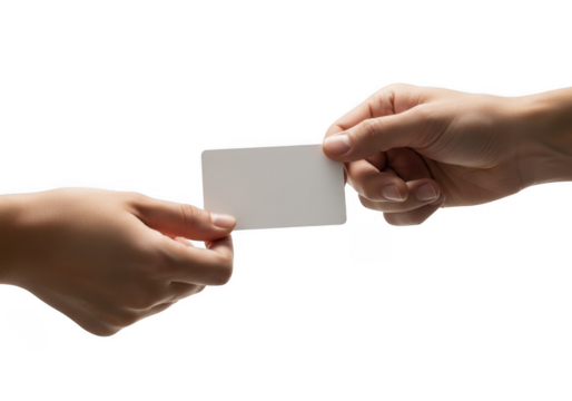 Business Card Exchange Between Two Hands on Transparent Backdrop for Networking and Promotion