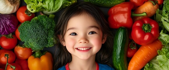Child surrounded by colorful vegetables