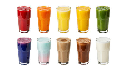 Variety of colorful fruit and vegetable smoothies healthy drinks in tall glasses isolated on white background