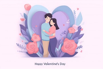 Romantic Couple Embracing Surrounded by Flowers for Valentine's Day
