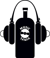 Drink and listen. Bottle of wine with headphones