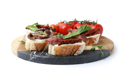 Bruschettas with roast beef, cream cheese, basil, sun-dried tomatoes and fresh vegetables isolated on white