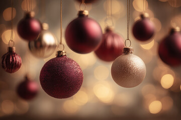 Close-up Festive Christmas Background with Multiple Hanging Ornaments in Deep Red and Gold Against Warm Bokeh Lights
