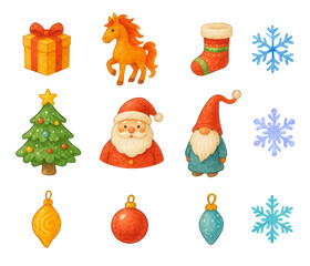 Watercolor winter set, festive Christmas and New Year collection, traced vector. Gift, fire horse, gift sock, Christmas tree, Santa, gnome, Christmas tree decoration, snowflakes