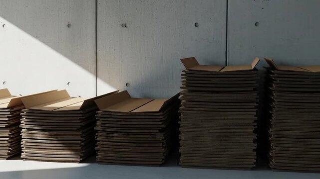 Organized stacks of brown corrugated cardboard boxes ready for assembly packaging shipping and storage