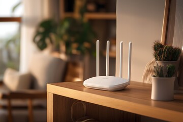 Modern Wi-Fi Router on Wooden Table in Cozy Living Room Setting