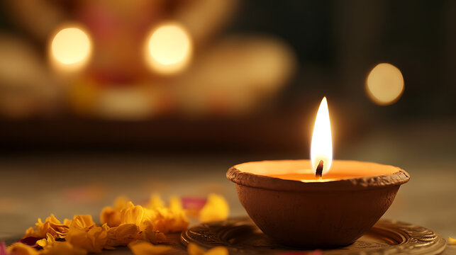 Warm light flickers from a diya, casting a serene glow over the petals. A symbol of hope and renewal, inviting peace and reflection into the space. A tranquil moment.