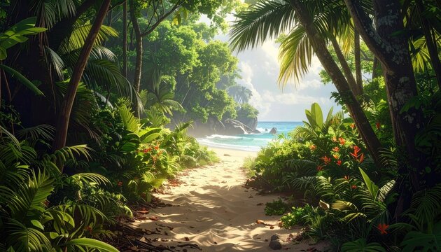 Lush Green Tropical Forest Path Leads to a Sunlit Sandy Beach with Clear Turquoise Water and Small Boats Under a Bright Blue Sky