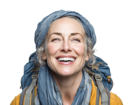 Adventurous woman smiling travel portrait bright environment isolated on transparent background