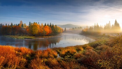 Naklejka premium Morning By The River And Forest Autumn Landscape