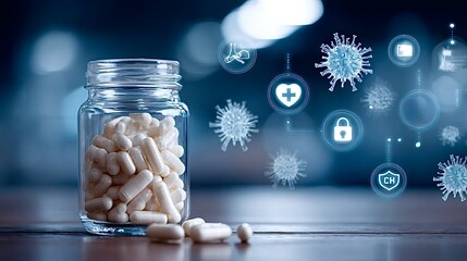 Pills bottle fighting virus with medical treatment technology