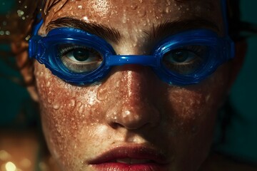 Close-Up Portrait of a Swimmer with Goggle and Water Droplets