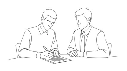 High-Quality Black Line Art of Two Professionals Signing a Legal Contract at a Table, Minimalist Composition on White Background