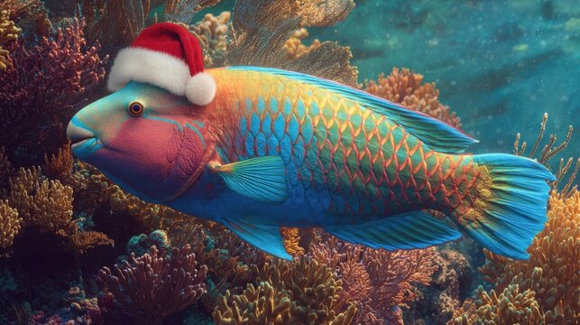 a colorful parrot fish wearing a santa hat swims near vibrant coral reefs in warm tropical waters