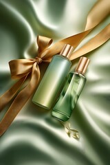 Elegant Bottles of Fragrance on Green Satin with Golden Ribbon