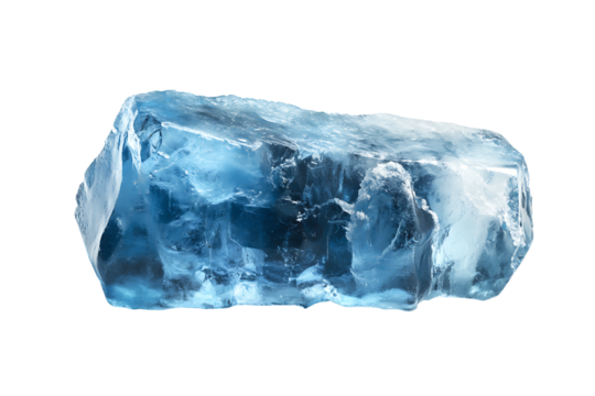 A large, rough chunk of clear, transparent blue ice with an abstract, fractured structure and glowing interior light, perfect for cold themes, isolated on transparent background