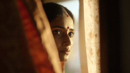Intense gaze of a woman with a tilak, framed by curtains. Soft lighting accentuates her expression, creating a moment of quiet contemplation, a face that tells a story.