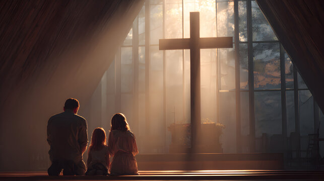 una familia unida orando frente a la cruz en una hermosa capilla agradeciendo y rezando con fervor y alegria a Dios nuestro se&ntilde;or epoca de amor y reflexion