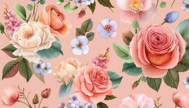 Motivo Floreale Acquerellato Con Rose E Fiori Primaverili Su Sfondo Pesca
